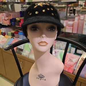 Black Angora and Gold Sequin Women's Cap